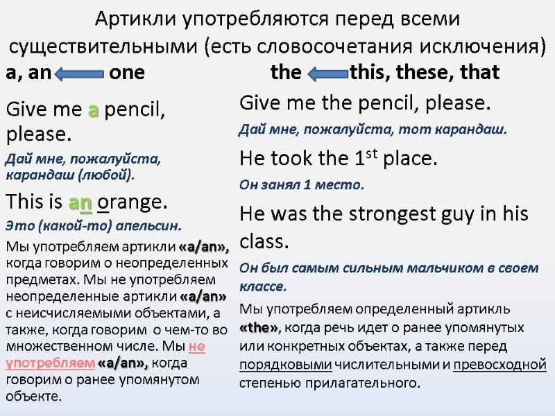 Артикли употребляются перед всеми существительными (есть словосочетания исключения) a, an    